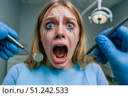 Panicked girl with smeared makeup screaming dental chair shows extreme dentist fear emotional reaction medical anxiety photograph stock illustration. Стоковое AI-изображение, AI-художник Павел Муравьев / Фотобанк Лори