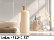 Beige cosmetic plastic bottle with pump packaging for cream, lotion, medicine, shampoo or liquid soap on light bathroom background. Clean bath. Blank skincare beauty product tube template. Empty jar. Стоковое AI-изображение, AI-художник Марина Демидюк / Фотобанк Лори