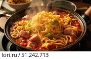 Steaming hot pot of noodles with sausage and chili peppers. Стоковое фото, фотограф David Kashakhi / Фотобанк Лори