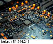 Электронная плата с чипами и яркими светодиодами — технологический фон. / Electronic board with intricately arranged chips, wires, and bright yellow LEDs. Technology science background. Стоковое AI-изображение, AI-художник Iva Noel / Фотобанк Лори