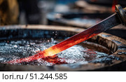 Forging a blade in molten metal at a traditional blacksmithing workshop. Стоковое AI-изображение, AI-художник Александр Довянский / Фотобанк Лори