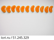 Slice sections of tangerine served on one line over the white background. Top view, copy space. Стоковое фото, фотограф Зарифа Арсланова / Фотобанк Лори