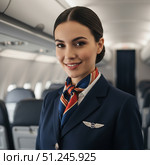 Profession stewardess - portrait of a beautiful young woman flight attendant. AI generated. Стоковое AI-изображение, AI-художник Андрей Аркуша / Фотобанк Лори