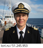 Profession ship captain - portrait of middle aged woman on board. AI generated. Стоковое AI-изображение, AI-художник Андрей Аркуша / Фотобанк Лори