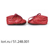 Vintage red baby shoes isolated on white background, cutout ready, extremely high resolution. Стоковое фото, фотограф Елена  Попкова / Фотобанк Лори