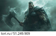 Powerful viking warrior holding large axe in misty atmosphere. Стоковая иллюстрация, иллюстратор David Kashakhi / Фотобанк Лори