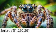 Close Up Of A Jumping Spider With Blue Eyes On A Green Leaf. Generative AI. Стоковое AI-изображение, AI-художник Roman Zavorotny / Фотобанк Лори