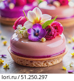 Close-Up of a Pink Glazed Dessert Topped With Flowers. Generative AI. Стоковое AI-изображение, AI-художник Roman Zavorotny / Фотобанк Лори