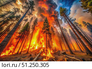 Intense Forest Fire Rages Through Tall Pines at Sunset. Generative AI. Стоковое AI-изображение, AI-художник Roman Zavorotny / Фотобанк Лори