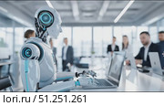 Futuristic humanoid robot with sleek design is working on a laptop in a modern office environment, showcasing advanced technology and collaboration among professionals. Стоковое AI-видео, аниматор Ирина Ручушкина / Фотобанк Лори