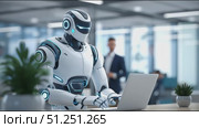 Futuristic humanoid robot with sleek design is working on a laptop in a modern office environment, showcasing advanced technology and collaboration with human colleagues. Стоковое AI-видео, аниматор Ирина Ручушкина / Фотобанк Лори