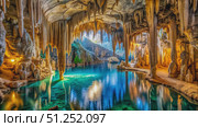 Stunning Interior View Of Neptune's Grotto, A Stalactite Cave In Nerz. Generative AI. Стоковое AI-изображение, AI-художник Roman Zavorotny / Фотобанк Лори