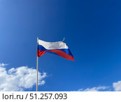 Флаг Российской Федерации развевается на ветру на фоне синего неба. Стоковое фото, фотограф Щеголева Ольга / Фотобанк Лори