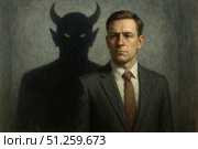 A Thoughtful Man in a Suit Reflects Inner Turmoil as a Sinister Devilish Shadow Looms Behind, Bringing to Life the Battle Between Good and Evil. Стоковое AI-изображение, AI-художник Башкирова Анна / Фотобанк Лори