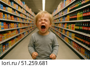 A Young Child in a Supermarket Aisle Faces Overwhelming Frustration, Expressing Emotions Through Tears and Yells Amidst Colorful Product Displays. Стоковое AI-изображение, AI-художник Башкирова Анна / Фотобанк Лори