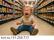 A Distressed Child Sitting in a Grocery Aisle Expressing Anguish and Frustration Amidst Colorful Shelves of Food Products. Стоковое AI-изображение, AI-художник Башкирова Анна / Фотобанк Лори