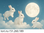 Mid autumn festival illustration with white rabbits and full moon, dreamy background. Стоковое AI-изображение, AI-художник Анастасия Золотницкая / Фотобанк Лори