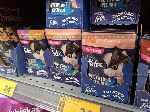 06/11/2025, Novosibirsk, Russia - assortment of pet food on the supermarket shelf, Felix wet cat food. Редакционное фото, фотограф Светлана Леуто / Фотобанк Лори