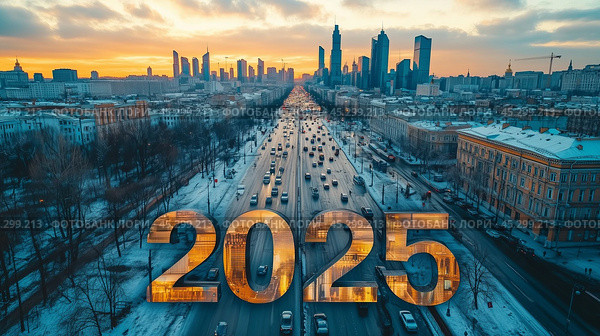 2025 new year. Illuminated 2025 Neon Light Display Against Evening City Backdrop Festivity Celebration Banner Urban Landscape Twilight Glow Vibrant Red Numerals New Year. 3d rendering. Стоковое AI-изображение, AI-художник Елена Зубкова / Фотобанк Лори