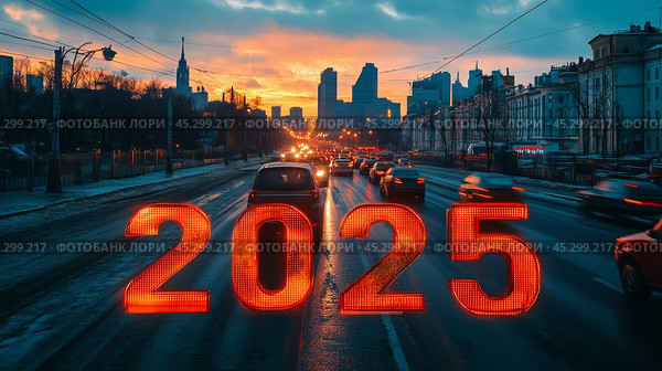 2025 new year. Illuminated 2025 Neon Light Display Against Evening City Backdrop Festivity Celebration Banner Urban Landscape Twilight Glow Vibrant Red Numerals New Year. 3d rendering. Стоковое AI-изображение, AI-художник Елена Зубкова / Фотобанк Лори