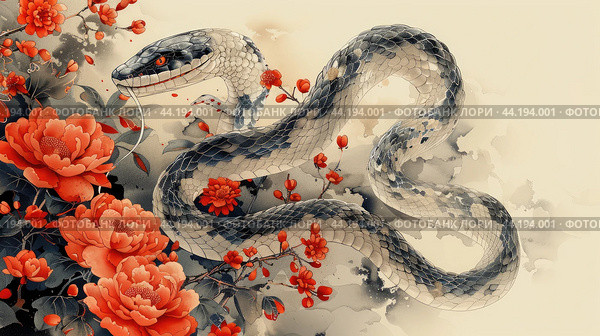 2025 Year of the Snake New Year's card template with Japanese pattern and Snake. Translation: Kotoshi-mo-yoroshiku(May this year be a great one) Стоковое AI-изображение, AI-художник Ирина Михайличенко / Фотобанк Лори