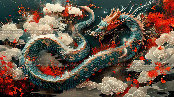 2025 Year of the Snake New Year's card template with Japanese pattern and Snake. Translation: Kotoshi-mo-yoroshiku(May this year be a great one) Стоковое AI-изображение, AI-художник Ирина Михайличенко / Фотобанк Лори