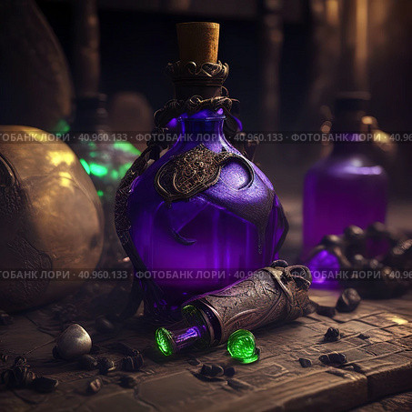 2.	Magic potion in an old bottle among witchcraft accessories, Магическое зелье в старинном флаконе среди колдовских аксессуаров. Стоковое AI-изображение, AI-художник Елена Титова / Фотобанк Лори