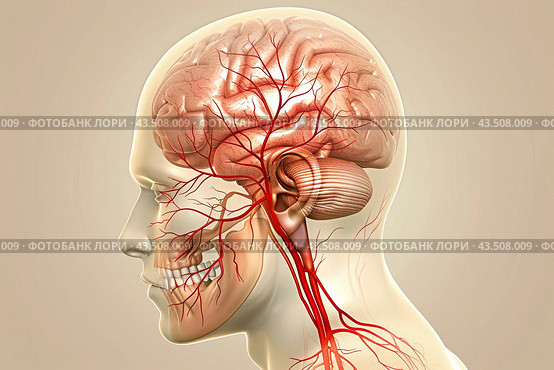 3D anatomical rendering illustration of a human head with a brain and vessels. Стоковое AI-изображение, AI-художник Ярославский Максим / Фотобанк Лори