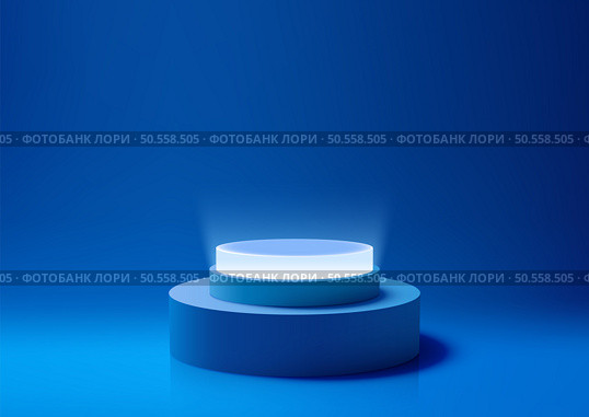 3D blue podium with a spotlight on bottom against a blue background, Product display, Mockup. Vector illustration. vector-mar-2024-29. Стоковая иллюстрация, агентство Ingram Publishing / Фотобанк Лори