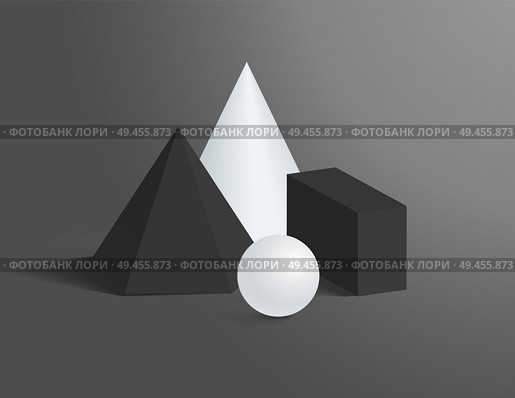 3D Geometrical shapes of black or white color. Sharp cone, dark pyramid, small parallelepiped and smooth light sphere realistic vector illustrations.. 3D Geometrical Shapes of Black and White Colors. Стоковая иллюстрация, агентство Ingram Publishing / Фотобанк Лори
