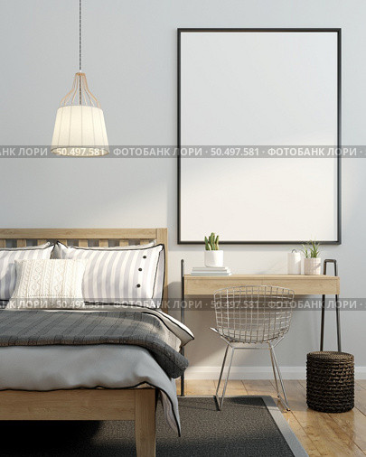 3D illustration Design modern interior bedroom with mockup picture frame on the wall over bed with bedding and cosy furniture, Scandinavian style, 3D rendering. Стоковое фото, агентство Ingram Publishing / Фотобанк Лори