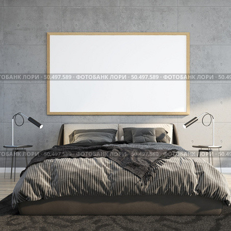 3D illustration Design modern interior bedroom with mockup picture frame on the wall over bed with bedding and cosy furniture, Scandinavian style, 3D rendering. Стоковое фото, агентство Ingram Publishing / Фотобанк Лори