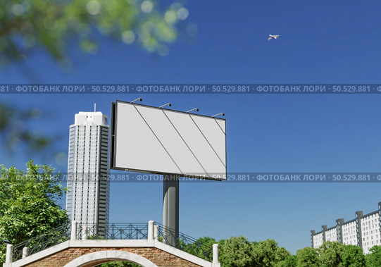 3D illustration mockup blank horizontal outdoors billboard near high building at downtown, empty space for insert advertising, communication marketing, rendering. Стоковое фото, агентство Ingram Publishing / Фотобанк Лори