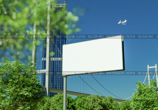 3D illustration mockup blank horizontal outdoors billboard near high building at downtown, empty space for insert advertising, communication marketing, rendering. Стоковое фото, агентство Ingram Publishing / Фотобанк Лори