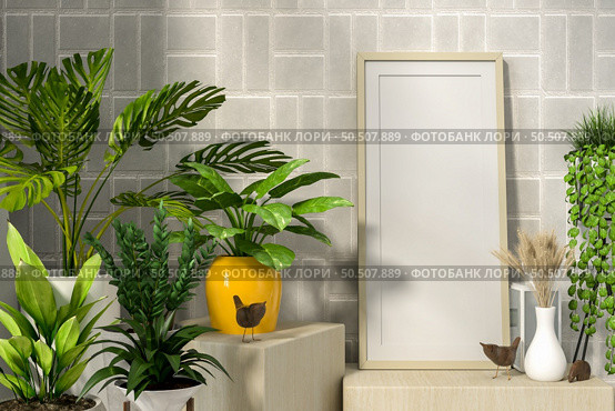 3D illustration mockup photo frame over wooden cabinet with houseplant in pot, dry flowers in vase, rendering. Стоковое фото, агентство Ingram Publishing / Фотобанк Лори