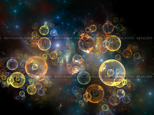 3D illustration of fractal spheres and lights on the subject of elementary particle creation, space physics, astrophysics, education and virtual reality. Стоковое фото, агентство Ingram Publishing / Фотобанк Лори