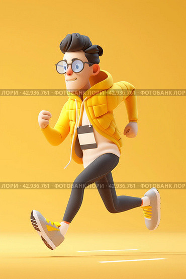3d male runner in glasses isolated on yellow background. Marathon athlete. Vertical layout. For sports and race. Стоковое AI-изображение, AI-художник Катерина Ковалева / Фотобанк Лори