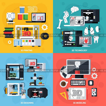 3D Printing 2x2 Design Concept. 3D printing 2x2 design concept with designing modeling equipment consumables and production symbols flat vector illustration. Стоковая иллюстрация, агентство Ingram Publishing / Фотобанк Лори