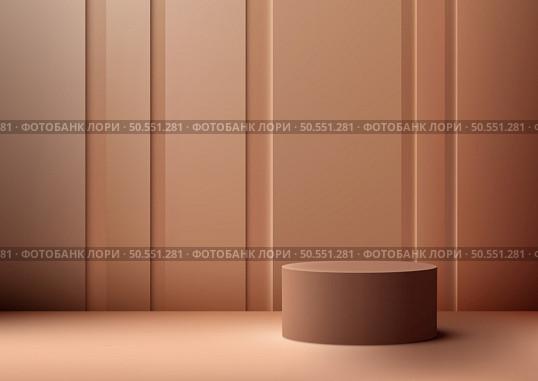 3D realistic brown podium on brown floor and stripes wall brown background is perfect for product display, mockup, showroom, and showcase. Vector illustration. Стоковая иллюстрация, агентство Ingram Publishing / Фотобанк Лори