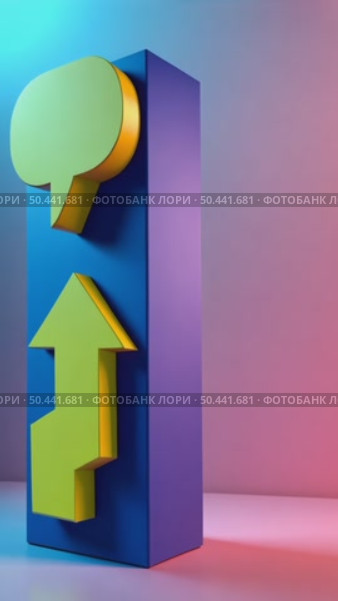 A 3D elevator pitch icon with a speech bubble and rising arrow, symbolizing presentations, soft gradient background. Стоковое AI-видео, аниматор Sergey Grishin / Фотобанк Лори