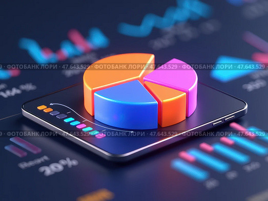 A 3D icon of a pie chart with glowing segments in corporate colors, hovering over a sleek dashboard, data visualization style. Стоковое AI-изображение, AI-художник Sergey Grishin / Фотобанк Лори