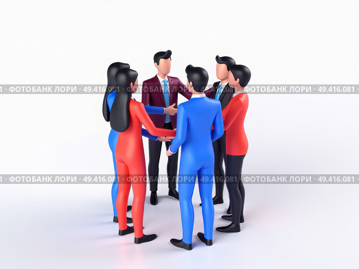A 3D icon of a team huddle with abstract figures in suits, dynamic posing, teamwork concept. Стоковое AI-изображение, AI-художник Sergey Grishin / Фотобанк Лори