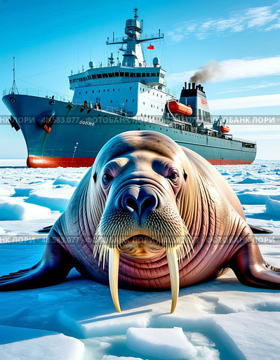 A atomic icebreaker in the Arctic ice. In the foreground, a huge walrus lies on the ice. Стоковое AI-изображение, AI-художник Сергей Елизарьев / Фотобанк Лори