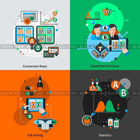 A-b testing design concept set with convertion rates experimental group and statistics elements isolated vector illustration. A-b Testing Icons Set. Стоковая иллюстрация, агентство Ingram Publishing / Фотобанк Лори