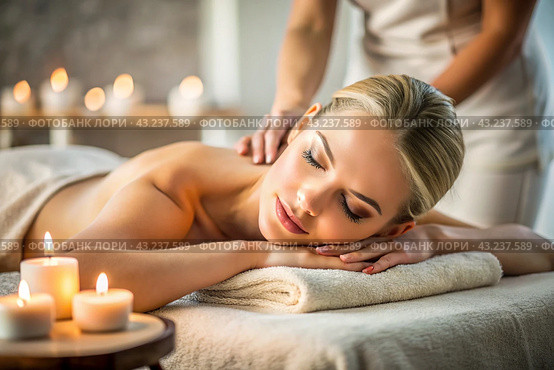 A banner for professional massage parlors. A young, beautiful blonde woman enjoys a massage in a modern spa by candlelight. Relaxation and harmony, body care. Стоковое AI-изображение, AI-художник Photojuli / Фотобанк Лори