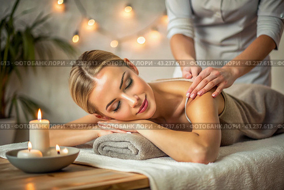 A banner for professional massage parlors. A young, beautiful blonde woman enjoys a massage in a modern spa by candlelight. Relaxation and harmony, body care. Стоковое AI-изображение, AI-художник Photojuli / Фотобанк Лори