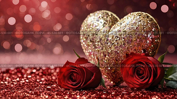 A banner for Valentine's Day. A red heart and roses with festive lights in the form of a side in the background. A mock-up of an invitation card for a Valentine's Day party, a place to copy. Стоковое AI-изображение, AI-художник Photojuli / Фотобанк Лори