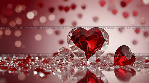 A banner for Valentine's Day. Crystal red hearts with festive lights in the form of a side in the background. A mock-up of an invitation card for a Valentine's Day party, a place to copy. Стоковое AI-изображение, AI-художник Photojuli / Фотобанк Лори