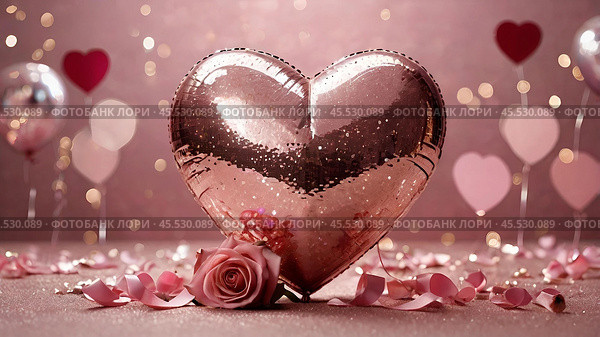 A banner for Valentine's Day. Pink heart and roses with festive lights on the sides in the background. A mock-up of an invitation card for a Valentine's Day party, a place to copy. Стоковое AI-изображение, AI-художник Photojuli / Фотобанк Лори