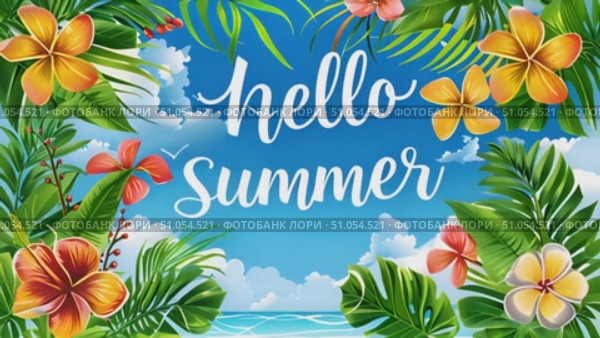 A beach scene featuring colorful flowers with the words hello summer displayed. Стоковое AI-видео, аниматор Данила Большаков / Фотобанк Лори